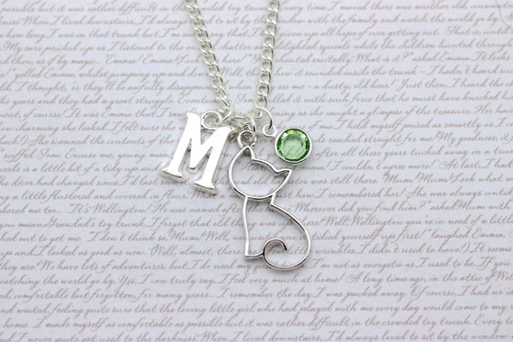 Cat Charm Necklace, Cute Kitten Gift, Persian, Siamese, Ragdoll, Sphynx Personalised Charm Jewelry, Initial & Preciosa Birthstone Crystal