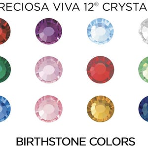 May include: A chart of Preciosa Viva 12 crystals in various birthstone colors. The colors include red, green, light pink, dark pink, light blue, dark blue, white, light green, yellow, and purple.