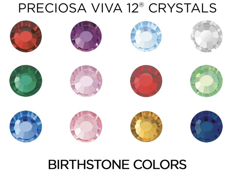May include: A chart of Preciosa Viva 12 crystals in various birthstone colors. The colors include red, green, light pink, dark pink, light blue, dark blue, white, light green, yellow, and purple.