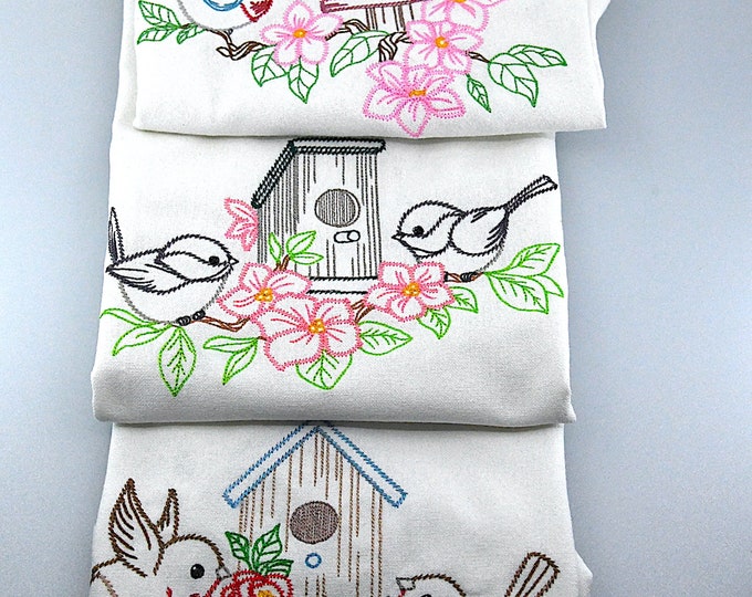 Set of 3 Vintage Look Cotton Tea Towels Birds and Flowers with Birdhouses