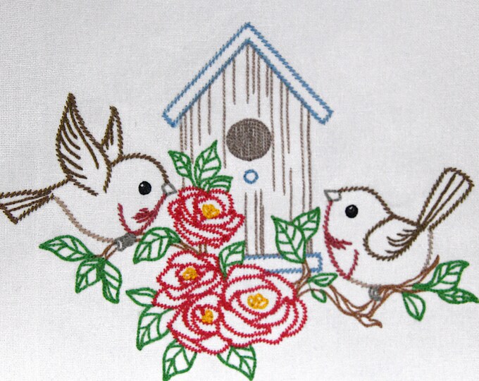 Vintage Look Embroidered Birds, Birdhouse, Flowers Tea Towel