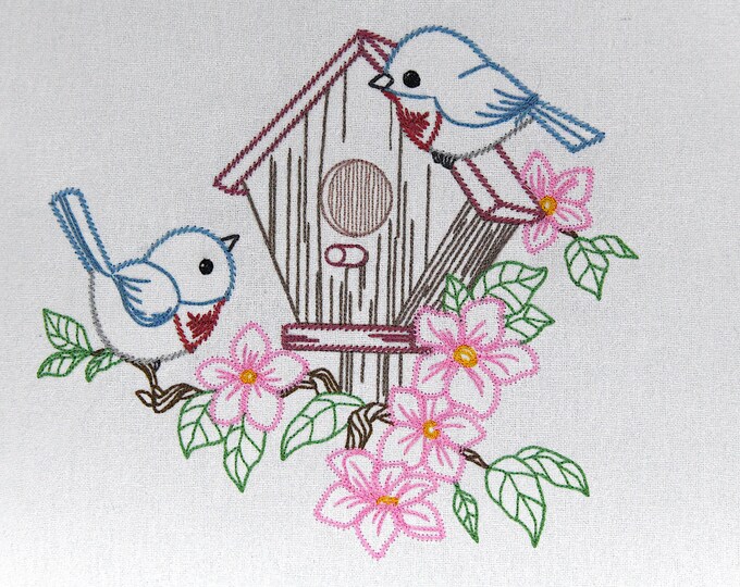 Vintage Look Dish Towel, Birds, Blooms, and Birdhouses