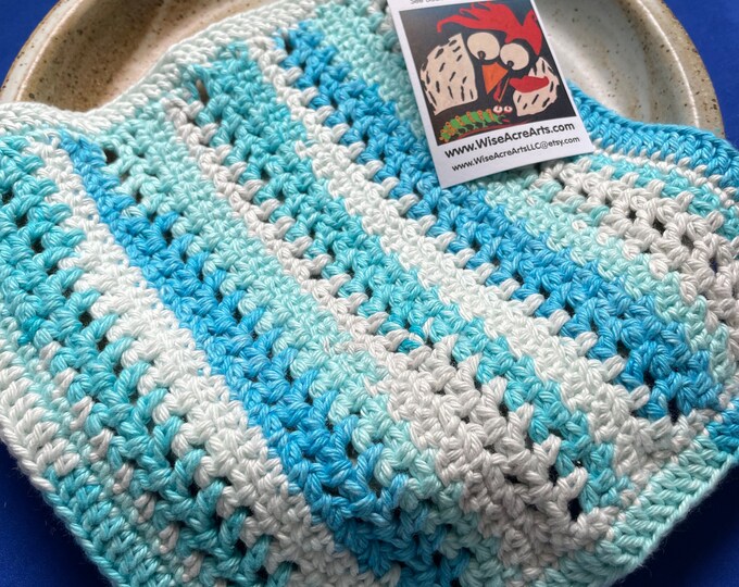 Cheery Blue Striped Crocheted Cotton Dishcloth, Handmade in the USA