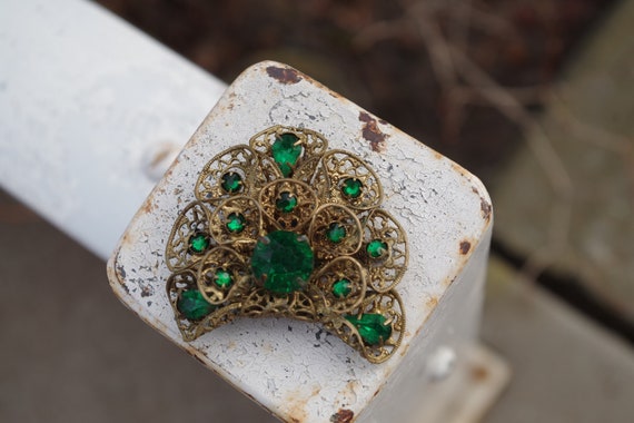 Antique Czecho Slovakia  Brass Filigree Emerald G… - image 2