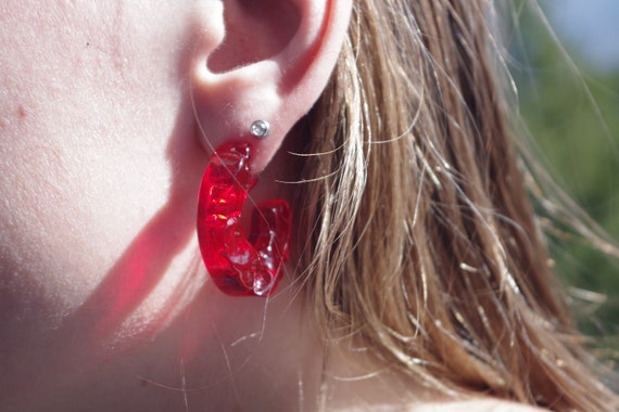 Cherry Red Craved Lucite Half Moon Earrings - image 3