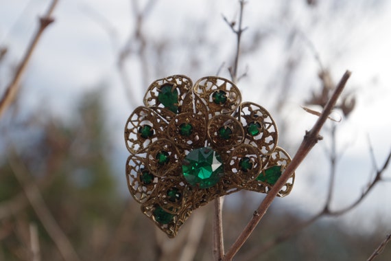Antique Czecho Slovakia  Brass Filigree Emerald G… - image 4