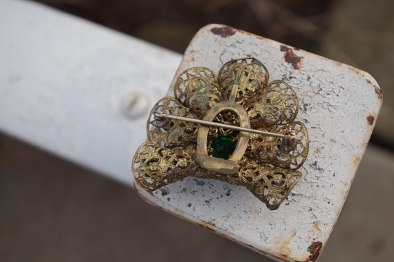 Antique Czecho Slovakia  Brass Filigree Emerald G… - image 3