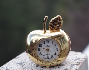 Cute Small Mother Of Pearl Apple Gold Plated Clock
