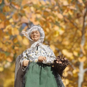 Antique Santon Provence Made In France Authentic Old Lady Carry Sticks Art Doll
