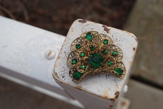 Antique Czecho Slovakia  Brass Filigree Emerald G… - image 1