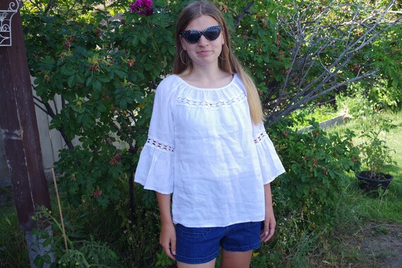 White Summer 100% Linen Blouse