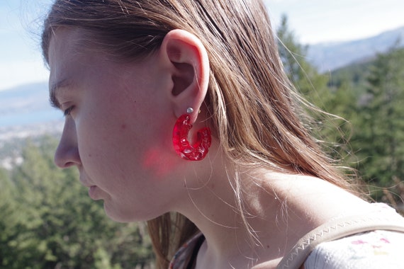 Cherry Red Craved Lucite Half Moon Earrings - image 1