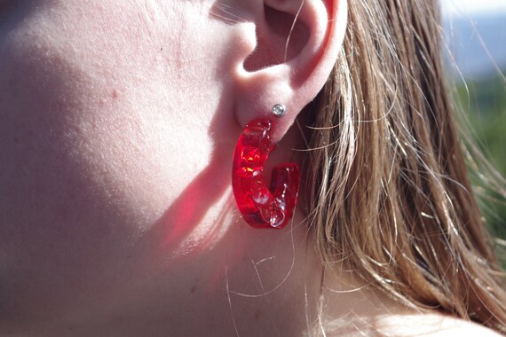 Cherry Red Craved Lucite Half Moon Earrings - image 2