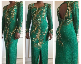 green and gold cocktail dress