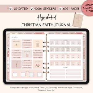 Peut inclure: Un planificateur numérique pour un journal de foi chrétienne avec un schéma de couleurs rose et blanc. Le planificateur comprend des sections pour les notes d'Écriture, le calendrier, les versets bibliques, et plus encore. Le planificateur est compatible avec les tablettes iPad et Android.