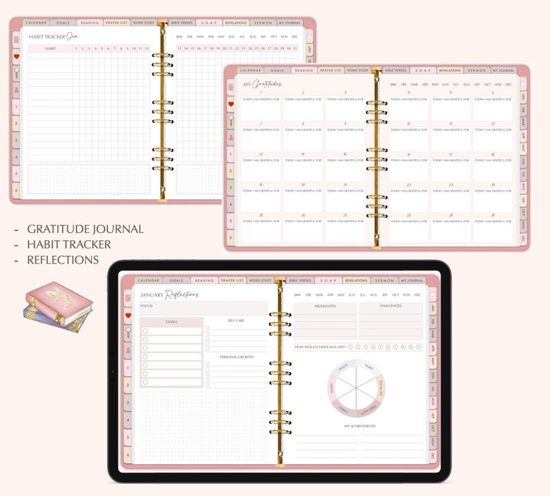 K&ouml;nnte beinhalten: Ein rosa und goldener Planer mit Abschnitten f&uuml;r einen Habit Tracker, ein Dankbarkeitsjournal und Reflexionen. Der Planer hat eine goldene Spiralbindung und einen rosa Einband mit goldenen Akzenten.