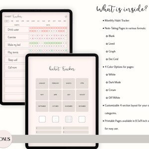 Op de afbeelding: Een digitale planner met een roze achtergrond en een gewoontetracker. De planner bevat een maandelijkse gewoontetracker, notitiepagina's in verschillende formaten en 4 kleur opties voor pagina's. De planner is printbaar en beschikbaar in de maat 8,5x11 inch.