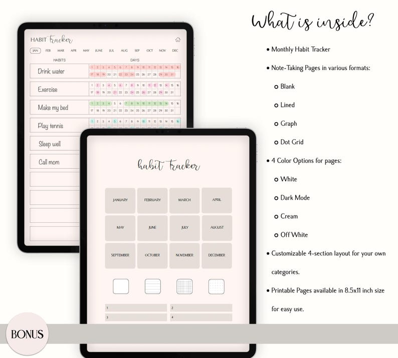 Op de afbeelding: Een digitale planner met een roze achtergrond en een gewoontetracker. De planner bevat een maandelijkse gewoontetracker, notitiepagina's in verschillende formaten en 4 kleur opties voor pagina's. De planner is printbaar en beschikbaar in de maat 8,5x11 inch.