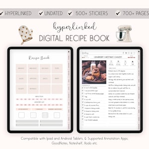 May include: A digital recipe book with a brown and white mitten icon and the text "hyperlinked DIGITAL RECIPE BOOK". The book is open to a page with a recipe for Cranberry Christmas Cookies. The recipe includes a list of ingredients and instructions. The book is compatible with iPad and Android tablets and supported annotation apps such as GoodNotes, Noteshelf, and Xodo.