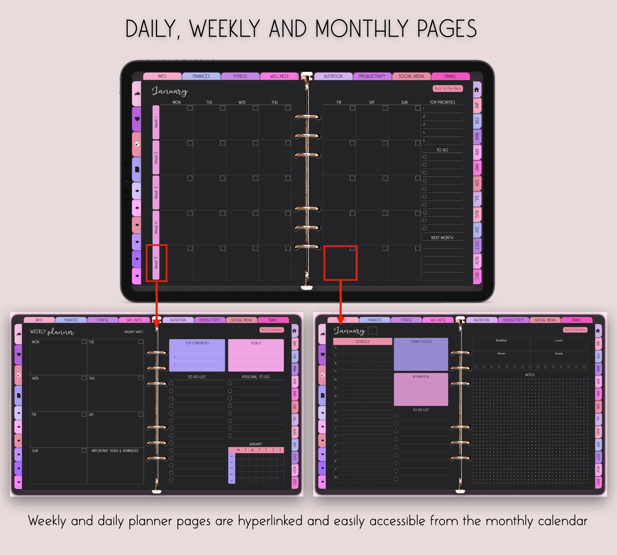 Dark Mode Digital Planner, Digital Life Planner, Undated Digital ...
