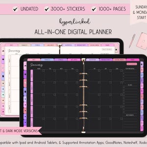 May include: Digital planner on a tablet with a black background, featuring a calendar layout for January. The planner includes tabs for various categories and the text "UNDATED", "3000+ STICKERS", and "1000+ PAGES". It also says "ALL-IN-ONE DIGITAL PLANNER".