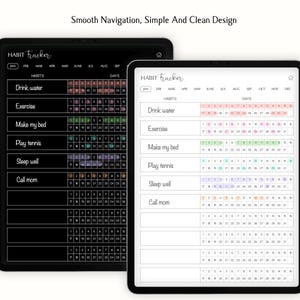 Op de afbeelding: Een digitale habit tracker-app-interface met een zwarte achtergrond en witte tekst. De app stelt gebruikers in staat om hun dagelijkse gewoonten bij te houden, zoals water drinken, sporten, hun bed opmaken, tennis spelen, goed slapen en hun moeder bellen. De app heeft een kalenderweergave die de dagen van de maand laat zien en gebruikers in staat stelt om dagen aan te vinken waarop ze hun gewoonten hebben voltooid.