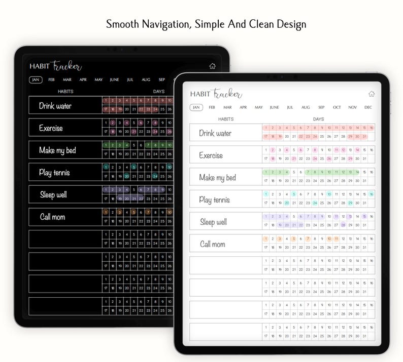 Op de afbeelding: Een digitale habit tracker-app-interface met een zwarte achtergrond en witte tekst. De app stelt gebruikers in staat om hun dagelijkse gewoonten bij te houden, zoals water drinken, sporten, hun bed opmaken, tennis spelen, goed slapen en hun moeder bellen. De app heeft een kalenderweergave die de dagen van de maand laat zien en gebruikers in staat stelt om dagen aan te vinken waarop ze hun gewoonten hebben voltooid.