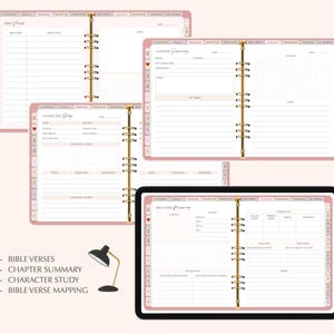 K&ouml;nnte beinhalten: Ein rosa-goldener Bibelstudienplaner mit Abschnitten f&uuml;r Bibelverse, Kapitelzusammenfassungen, Charakterstudien und Bibelvers-Mapping.