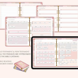 K&ouml;nnte beinhalten: Ein rosa-goldener Planer mit Spiralbindung. Der Planer hat Abschnitte f&uuml;r Bibellesen, Lieblingsverse und t&auml;gliches Journaling. Der Planer ist auf einer Seite mit einem Kalender f&uuml;r das Alte Testament ge&ouml;ffnet.