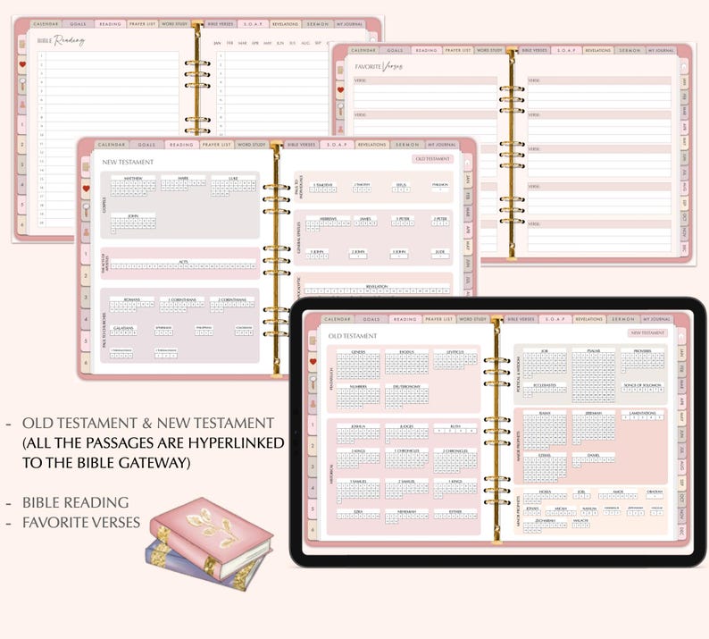 K&ouml;nnte beinhalten: Ein rosa-goldener Planer mit Spiralbindung. Der Planer hat Abschnitte f&uuml;r Bibellesen, Lieblingsverse und t&auml;gliches Journaling. Der Planer ist auf einer Seite mit einem Kalender f&uuml;r das Alte Testament ge&ouml;ffnet.
