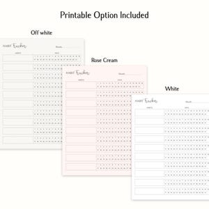 Op de afbeelding: Drie printbare habit tracker-pagina's in off white, roze cr&egrave;me en wit. Elke pagina heeft de tekst "HABIT tracker" bovenaan en bevat een raster met genummerde dagen en rijen voor gewoontes.