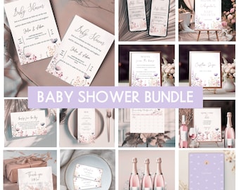 Floral Baby Shower Invitation Bundle: Purple Pink Theme (Editable Canva Template)
