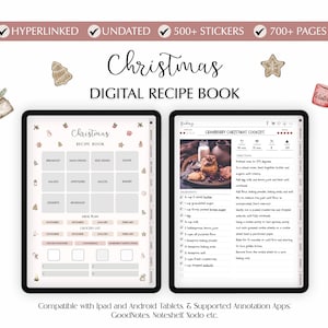 May include: A digital Christmas recipe book with a white background and a grid layout. The book includes sections for breakfast, main dishes, side dishes, soups, salads, appetizers, sauces, bakery, desserts, beverages, a meal plan, and a grocery list. The book also includes a recipe for cranberry Christmas cookies.