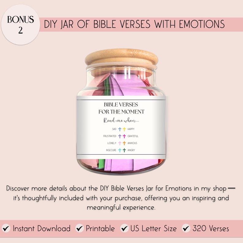 K&ouml;nnte beinhalten: Ein wei&szlig;es Glas mit einem Etikett, auf dem "Bibelverse f&uuml;r den Moment Lies mich, wenn..." steht, mit einer Liste von Emotionen und entsprechenden Bibelversen. Das Glas ist mit bunten Papierschnipseln gef&uuml;llt.