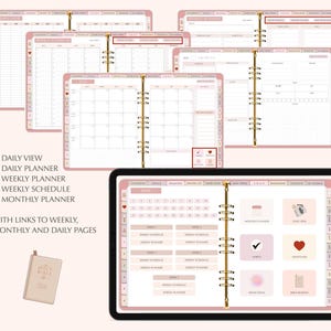 K&ouml;nnte beinhalten: Ein digitaler Planer mit einem rosafarbenen und goldenen Design. Der Planer enth&auml;lt t&auml;gliche, w&ouml;chentliche und monatliche Ansichten. Der Planer enth&auml;lt auch einen Bereich f&uuml;r die Festlegung von Zielen, die Nachverfolgung von Gewohnheiten und das F&uuml;hren eines Dankbarkeitstagebuchs. Der Planer soll Benutzern helfen, organisiert zu bleiben und ihre Ziele zu erreichen.