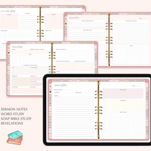 K&ouml;nnte beinhalten: Ein rosa-goldener Planer mit einem Gittermuster und goldenen Ringen. Der Planer hat Abschnitte f&uuml;r Predigtnotizen, Wortstudium, SOAP-Bibelstudium und Offenbarungen.