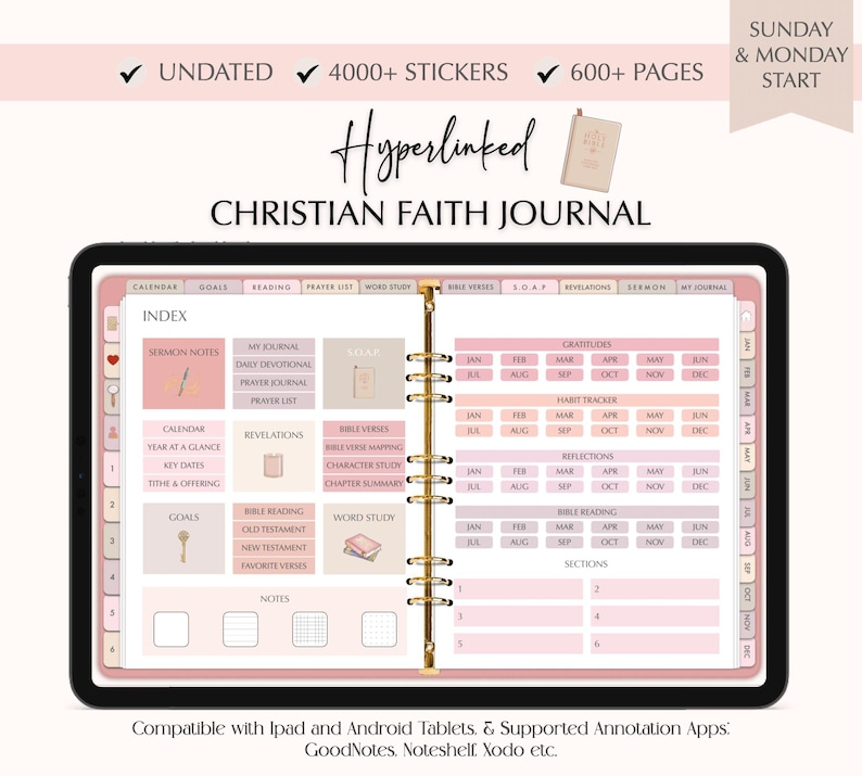K&ouml;nnte beinhalten: Eine digitale Planer-App-Oberfl&auml;che auf dem Bildschirm eines Tablets, die ein rosa-wei&szlig;es christliches Glaubensjournal mit Abschnitten f&uuml;r Kalender, Ziele, Lesen, Gebetsliste, Wortstudium, Bibelverse, SOAP, Offenbarungen, Predigtnotizen und mein Journal zeigt. Das Journal hat &uuml;ber 4000 Sticker und 600 Seiten. Der Text "Hyperlinked" wird in einem rosa Kasten angezeigt.