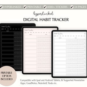 Op de afbeelding: Drie digitale gewoontetrackerpagina's in een zwart, wit en lichtroze kleurenschema. De pagina's zijn ontworpen voor gebruik met iPad en Android-tablets. De tekst op de pagina luidt "HABIT Tracker".