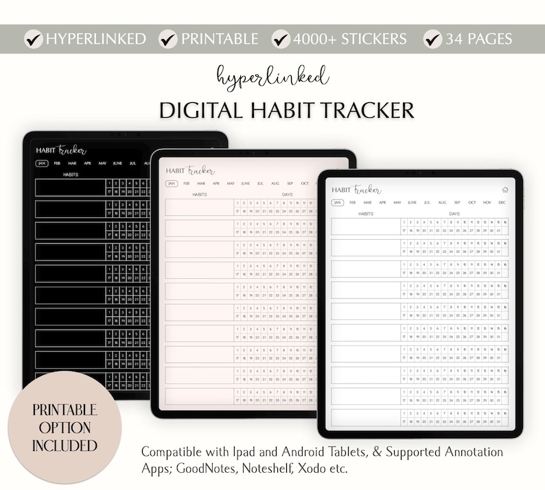 Op de afbeelding: Drie digitale gewoontetrackerpagina's in een zwart, wit en lichtroze kleurenschema. De pagina's zijn ontworpen voor gebruik met iPad en Android-tablets. De tekst op de pagina luidt "HABIT Tracker".
