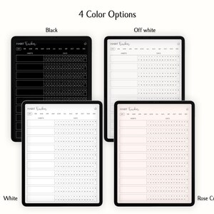 Op de afbeelding: Vier digitale planner-sjablonen voor een gewoontetracker. De sjablonen worden weergegeven in zwart, off-white, wit en roze cr&egrave;me. Elke sjabloon heeft een koptekst met de tekst "HABIT Tracker" en bevat een sectie voor het opsommen van gewoonten en een raster voor het bijhouden van de dagelijkse voortgang.