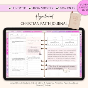 May include: A pink and white digital planner with the text "Christian Faith Journal" and "Hyperlinked" on the cover. The planner is open to a page with the date "November 1" and includes sections for "Schedule", "Prayer", "Affirmations", "To Do List", "Meals", "Notes", and "Bible Verses".