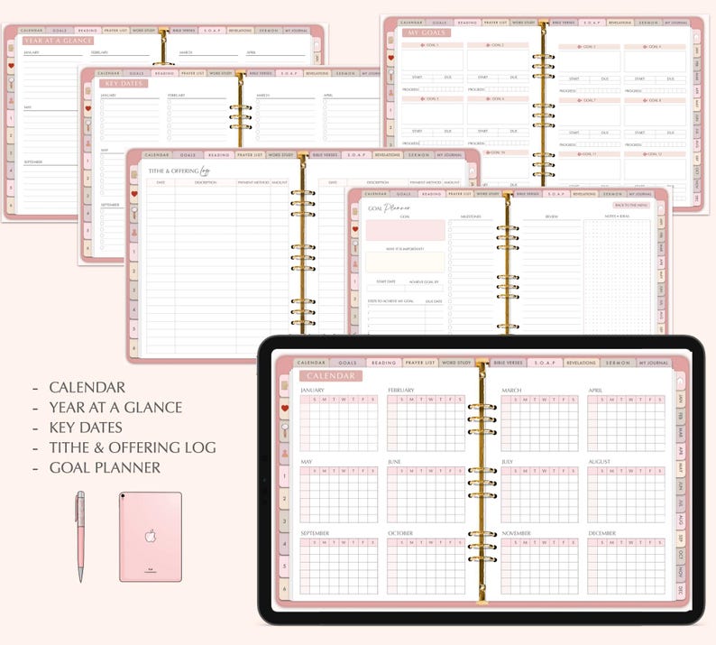 K&ouml;nnte beinhalten: Ein rosa-goldener Planer mit Abschnitten f&uuml;r Kalender, Jahres&uuml;bersicht, wichtige Termine, Zehntel- und Spendenprotokoll sowie Zielplaner. Der Planer ist auf eine monatliche Kalenderansicht ge&ouml;ffnet.