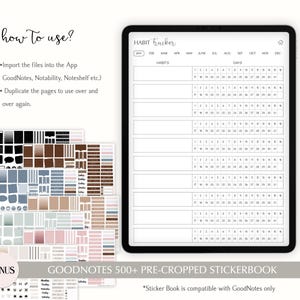 Op de afbeelding: Een digitale planner voor de GoodNotes-app met een gewoontetracker en een kalender. De planner heeft een grijze achtergrond met zwarte tekst. De kalender is voor een jaar en omvat de maanden van januari tot en met december. De planner bevat ook een sectie voor gewoontes. De planner wordt geleverd met een stickerboek met meer dan 500 voorgeknipte stickers. Het stickerboek is alleen compatibel met GoodNotes.