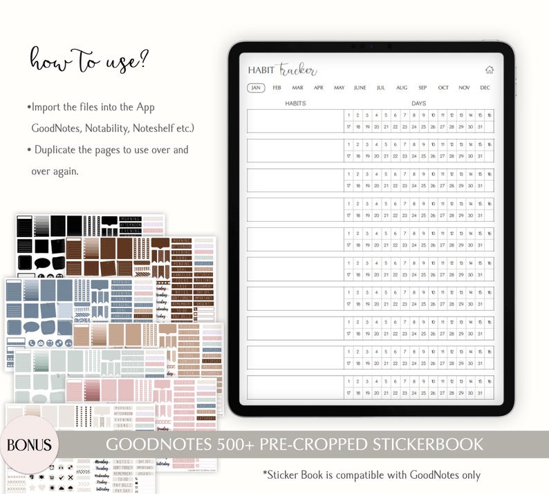 Op de afbeelding: Een digitale planner voor de GoodNotes-app met een gewoontetracker en een kalender. De planner heeft een grijze achtergrond met zwarte tekst. De kalender is voor een jaar en omvat de maanden van januari tot en met december. De planner bevat ook een sectie voor gewoontes. De planner wordt geleverd met een stickerboek met meer dan 500 voorgeknipte stickers. Het stickerboek is alleen compatibel met GoodNotes.