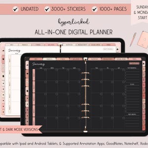 Op de afbeelding: Een digitale planner met een zwart en roze ontwerp. De planner is open naar een maandelijkse kalenderweergave voor januari. De planner heeft tabbladen voor verschillende categorieën, waaronder informatie, financiën, fitness, welzijn, voeding, productiviteit, sociale media en reizen. De planner is compatibel met iPad en Android-tablets en ondersteunde annotatie-apps.