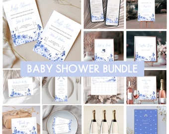 Blue Floral Baby Shower Invitation Bundle: Customizable Canva Template (Digital Download)
