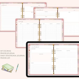 K&ouml;nnte beinhalten: Ein rosa-goldener Planer mit Abschnitten f&uuml;r "Mein Journal", "Gebetsjournal", "T&auml;gliches Andachtsjournal" und "Gebetsliste".