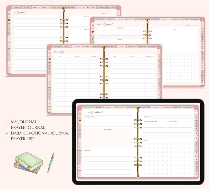 K&ouml;nnte beinhalten: Ein rosa-goldener Planer mit Abschnitten f&uuml;r "Mein Journal", "Gebetsjournal", "T&auml;gliches Andachtsjournal" und "Gebetsliste".