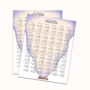 May include: Two printable Quran trackers with a light blue and white gradient background. The trackers feature a grid with numbered boxes for each chapter of the Quran. The bottom of the tracker features an illustration of an open book.