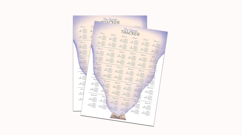May include: Two printable Quran trackers with a light blue and white gradient background. The trackers feature a grid with numbered boxes for each chapter of the Quran. The bottom of the tracker features an illustration of an open book.